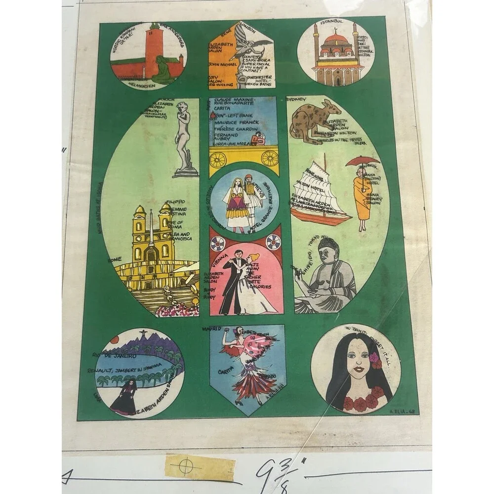 Vintage 1968 Albert Elia Original Artwork - Travel Icons & Celebs Signed